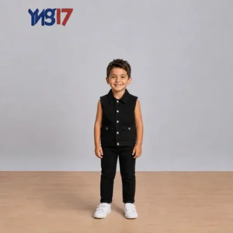 Boys' denim vest with front utility pockets in black/blue denim, perfect for layering over casual t-shirts.
