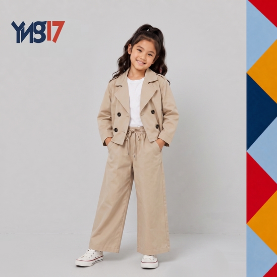 Girls' Beige Fabric Jacket with Belt