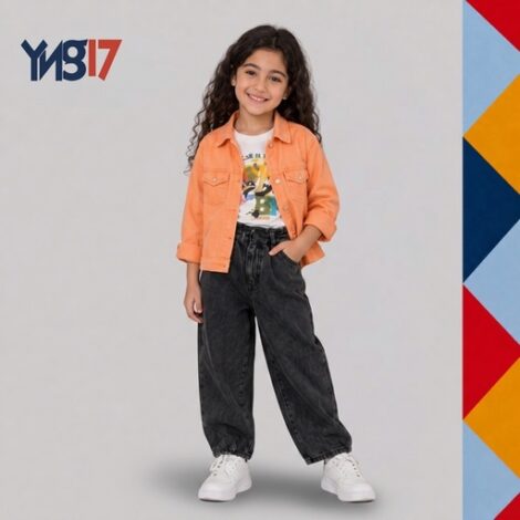 Girls' 3-Piece Set – Orange Jacket, Top & Black Denim Jeans