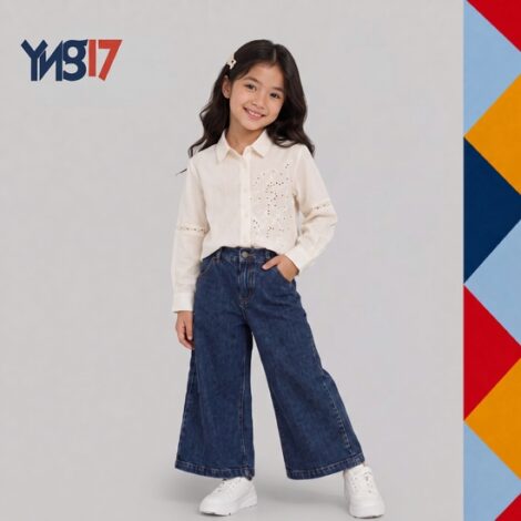 Girls' 3-Piece Set – White Shirt, Embellished Blouse & Blue Denim Jeans