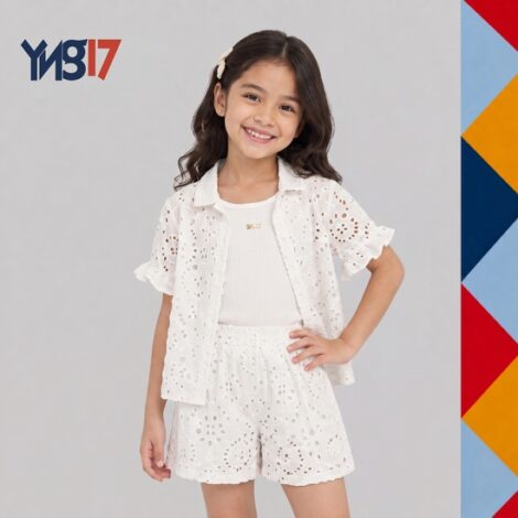 Girls' 3-Piece Set – White Jacket, White Blouse & White Eyelet Shorts