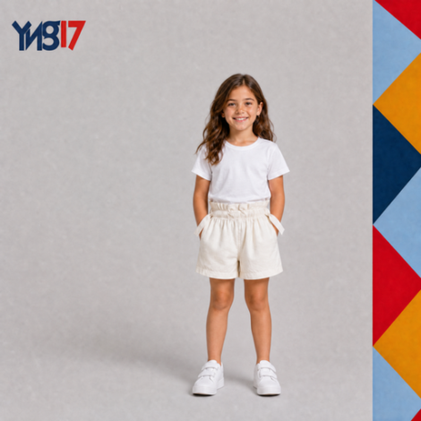 Girls' summer shorts featuring a comfortable high elastic waistband with a stylish ruffle design and side tie details.