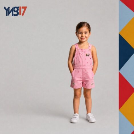 Girls' overall jumpsuit decorated with delicate floral embroidery in beige and pink tones.