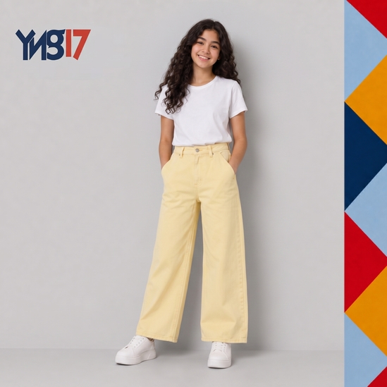Girls Butter-Yellow Wide-Leg Fabric Pants with Elastic Waist