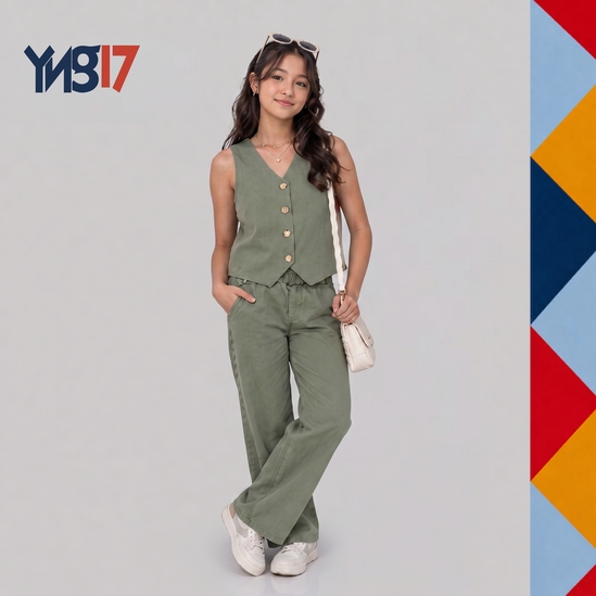 Girls' Button-Front V-Neck Vest – Olive Green