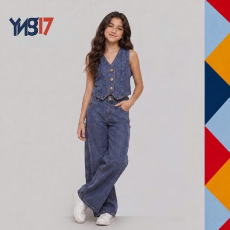 Girls' Dark Blue Denim Vest with Button Closure