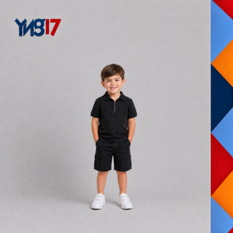 Stylish boys' black polo shirt with a neat front placket and short sleeves, paired with matching black shorts for a sleek look.