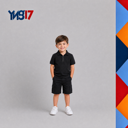 Stylish boys' black polo shirt with a neat front placket and short sleeves, paired with matching black shorts for a sleek look.