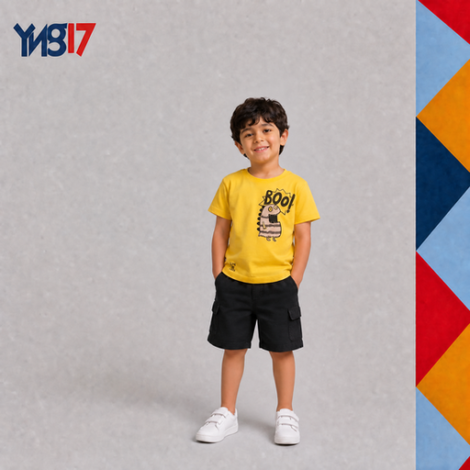 Vibrant yellow boys' t-shirt featuring bold chest print details, paired with classic dark shorts for an energetic look.