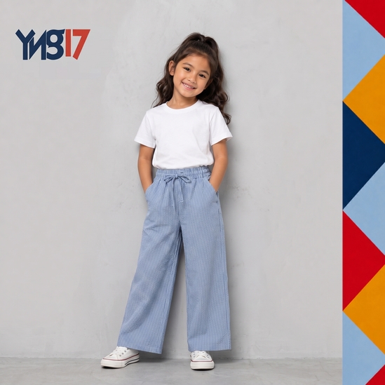 Girls' Blue Linen Pants with Drawstring and Sky Blue Pocket