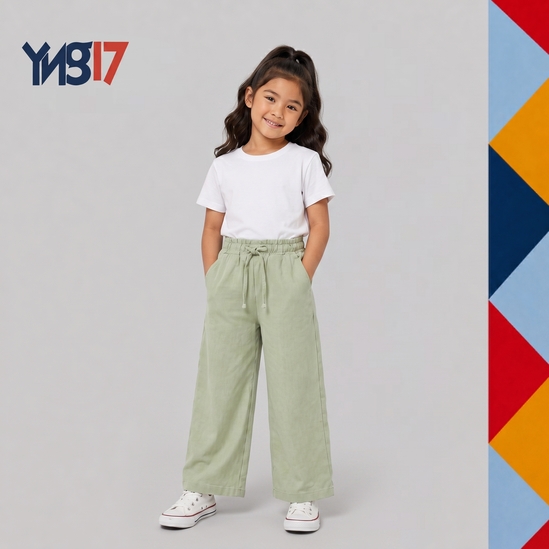 Girls' Linen Pants with Pistachio Green Drawstring
