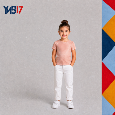 Striped girls' horizontal striped top in a soft pink tone, paired with clean white pants for a graceful look.