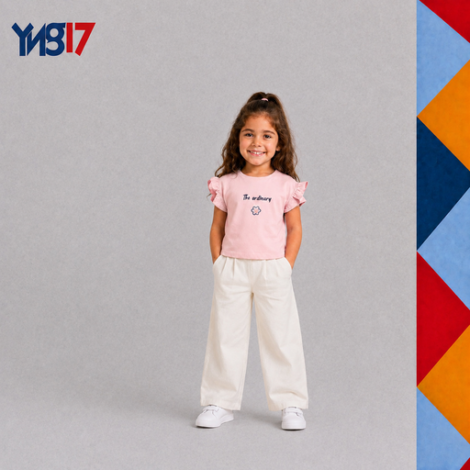 Casual girls' blue t-shirt with delicate sleeve details and a comfortable fit, matched with relaxed white trousers
