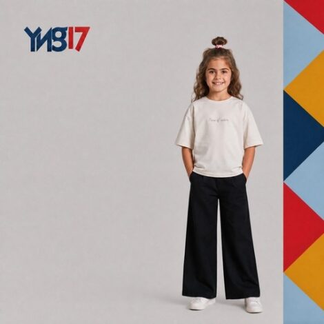 Oversized white girls' t-shirt featuring prominent chest graphics, styled with wide-leg black trousers.