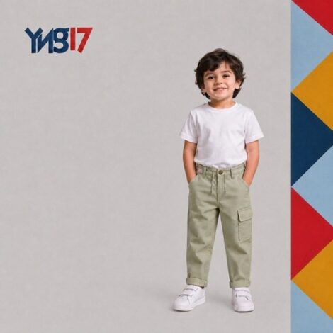 Boys' utility cargo pants in an olive green shade featuring side pockets, paired with a basic white t-shirt.