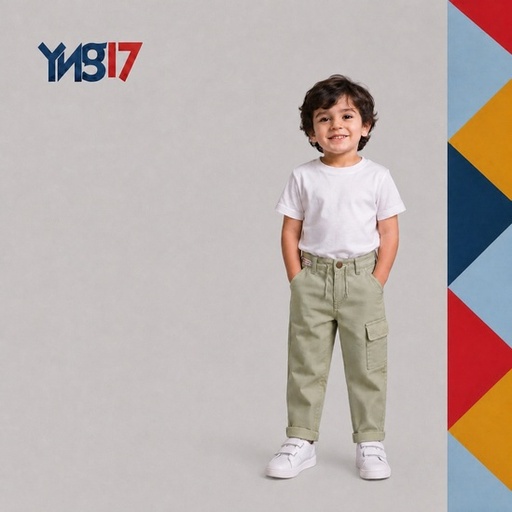 Boys' utility cargo pants in an olive green shade featuring side pockets, paired with a basic white t-shirt.