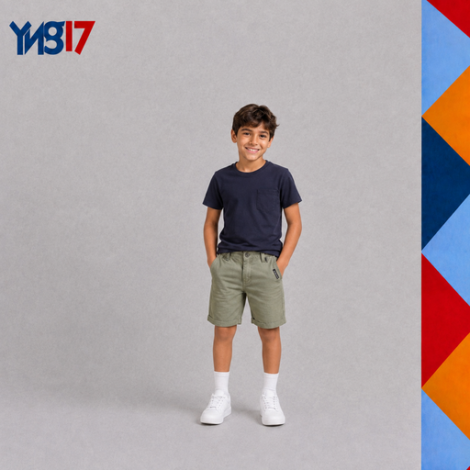Boys' casual olive shorts featuring a classic cut and breathable fabric for warm days, styled with a dark navy t-shirt.