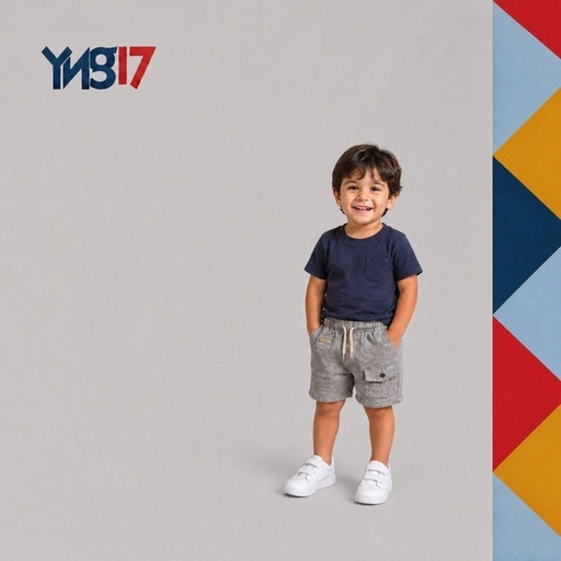 Boys' patterned grey shorts with an all-over print design, paired with a dark blue t-shirt for a playful summer outfit.