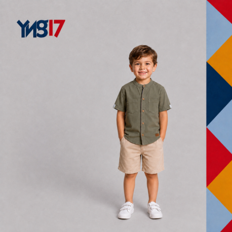 Boys' mandarin collar shirt with wooden buttons and utility pockets, featuring olive and grey tones for a smart casual look.
