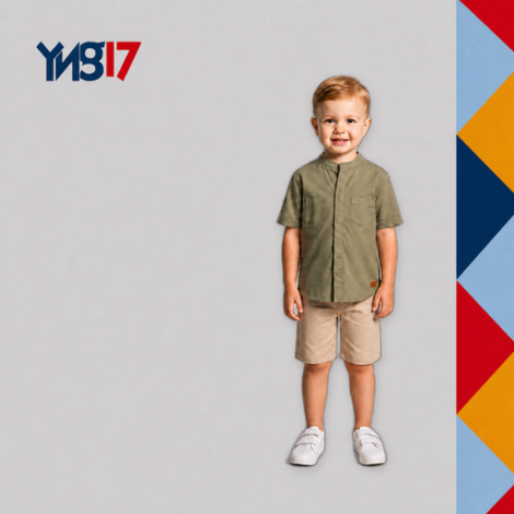 Boys' casual shirt with front pockets and a central black contrast stripe, styled in olive and grey hues.
