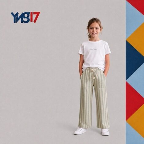 Girls' summer wide-leg striped pants featuring an elastic waistband with an adjustable front drawstring for all-day comfort.