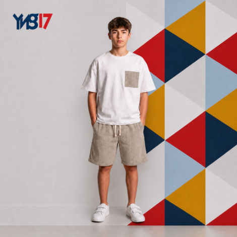 A comfortable oversized summer set for boys consisting of a t-shirt and striped shorts. Made from light, practical fabric perfect for the summer season.