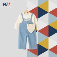 Baby 3-Piece Denim Set – Overalls + Cotton Sweatshirt + Knit Hat | Light Blue × Off-White