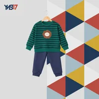 Boys’ Cotton Set – Petrol Pants & Green Striped Sweatshirt with Lion Patch