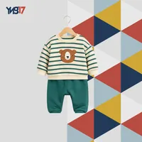 Elegant Kids’ 2-Piece Set – Cream & Green Stripes | Bear Embroidered Top & Comfort Pants