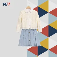 Kids 3-Piece Set – Cotton Blouse + Lace Cardigan + Denim Skirt | Off White × Light Blue