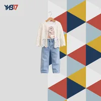 Kids 3-Piece Set – Cotton Printed Blouse + Lace Cardigan + Denim Jeans | Off-White × Light Blue