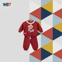 Kids Winter Cotton 2-Piece Set – Flower Sweatshirt + Jogger Pants | Burgundy Red
