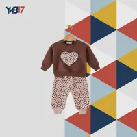 Kids Winter Cotton 2-Piece Set – Heart Print Sweatshirt + Patterned Jogger Pants | Chocolate Brown & Soft Pink