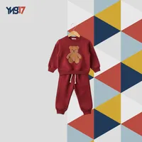 Kids Winter Cotton 2-Piece Set – Teddy Bear Sweatshirt + Jogger Pants | Burgundy Red
