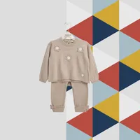 Kids Winter Knit 2-Piece Set – 3D Floral Sweater + Knit Pants | Soft Beige