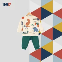 Winter Kids’ 2-Piece Set – Cotton Cream & Dark Green | Dinosaur Print Sweatshirt & Comfort Pants