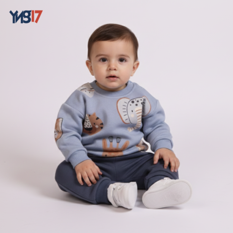 Winter Kids’ 2-Piece Set – Cotton Light Blue & Navy | Animal Print Sweatshirt & Comfort Pants