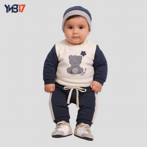 Elegant Kids’ 4-Piece Set – Navy & Beige | Bear Fur Top, Elastic Waist Pants, Soft Shoes & Hat
