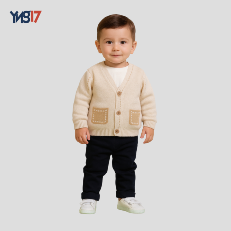 Kids Winter 3-Piece Set – Knit Cardigan + Inner T-shirt + Pants | Beige & Black