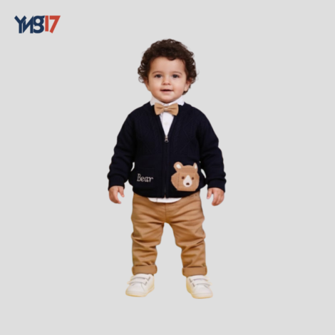 Elegant Formal Kids’ 3-Piece Set – Dark Navy Blue & Camel | Bear Jacket, Shirt & Pants