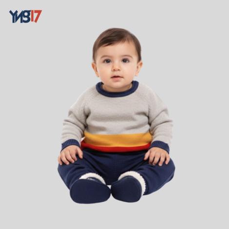 Winter Knitted Kids’ Blouse – Light Grey | Multicolor Stripe Design