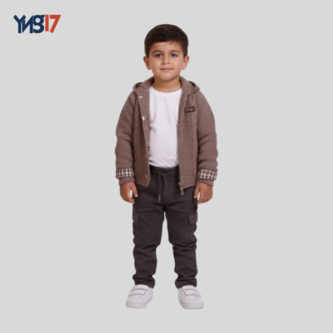 Elegant Winter Kids’ 3-Piece Set – Brown | Hooded Cardigan, Plaid Shirt & Cargo Pants