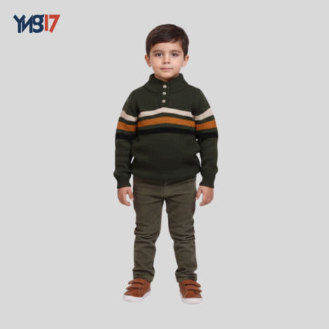 Boys’ Knitted Wool Sweater – Dark Olive | Thin Horizontal Stripes + High Collar with Buttons