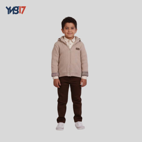 Luxury Boys Winter 4-Piece Set – Beige Knit Jacket, Beige Shirt, Cotton Top & Brown Pants