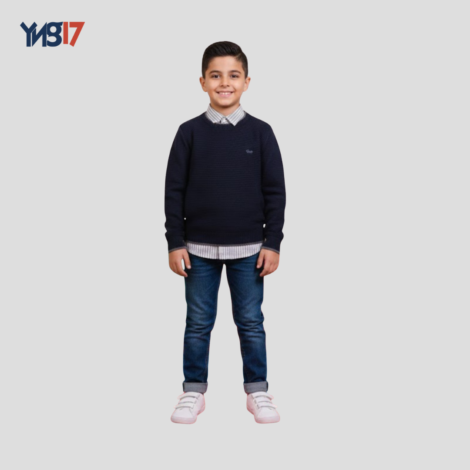 Kids Classic Knit Sweater – Navy Blue with Grey Details