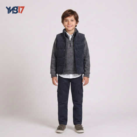 Boys 4-Piece Classic Winter Set – Navy Linen Pants + Striped Vest + Shirt + Grey Sweater