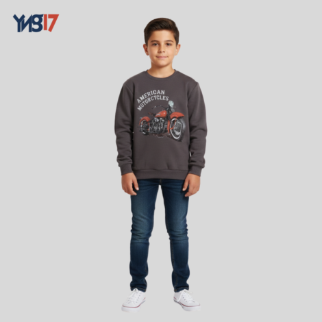 Kids Cotton Sweatshirt – “AMERICAN MOTORCYCLES” Print – Dark Grey
